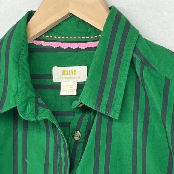 MAEVE ANTHROPOLOGIE Shirt 6 Striped Button Up Roll Tab Cottagecore Cotton Green - Picture 7 of 16